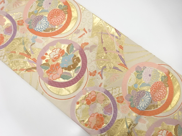 扇に花丸紋織り出し　袋帯